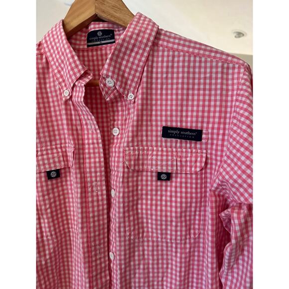 Simply Southern Button Down Shirt Pink Gingham XL - Picture 3 of 6